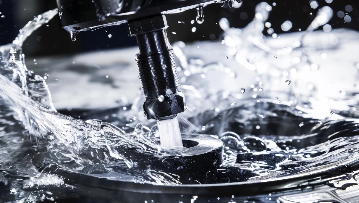 Waterjet cutting metal with splashing water