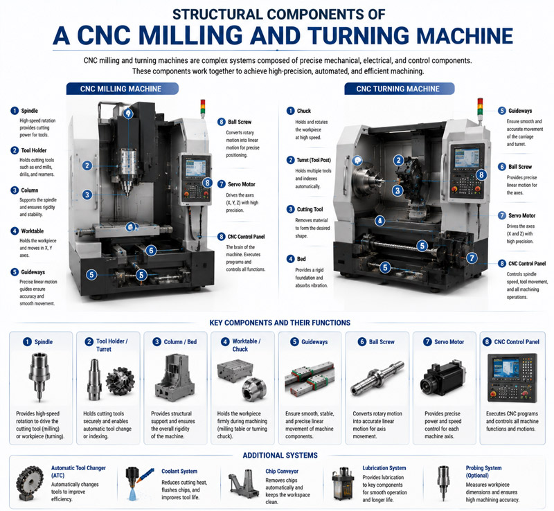 Composants structurels d'une machine de fraisage et de tournage CNC
