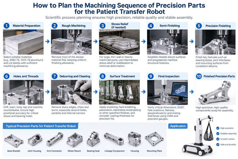 How should the machining sequence of precision parts for the patient transfer robot be planned