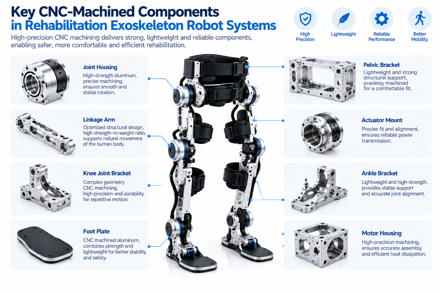 Key CNC Machined Components in Rehabilitation Exoskeleton Robot Systems